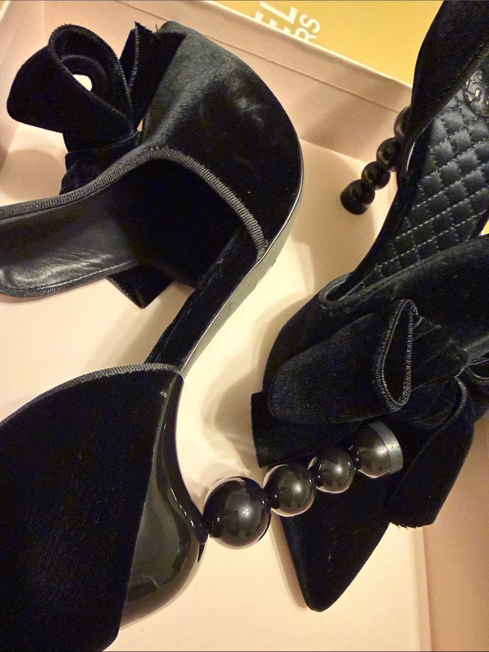 Tory Burch Black Velvet Pointed Toe Bow Flats